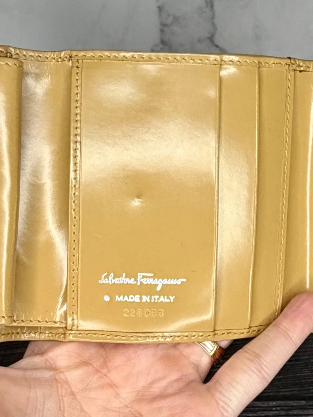 Salvatore Ferragamo Tan Patent Leather Gancini Trifold Wallet